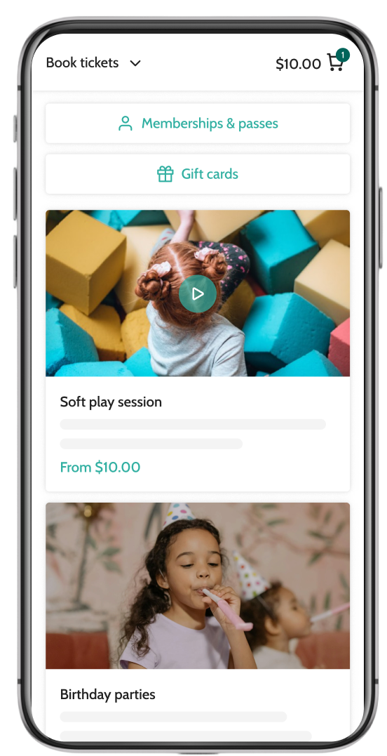 Beyonk's Soft play booking system on mobile. Memberships, gift cards and sessions can be bought here.